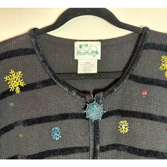 Quacker Factory Large Zip Front Beaded Snowman Cardigan Sweater - Picture 2 of 6